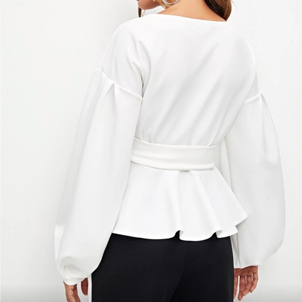 Elegant White Wrap Open Front Blouse Top Shirt - Picture 6 of 8